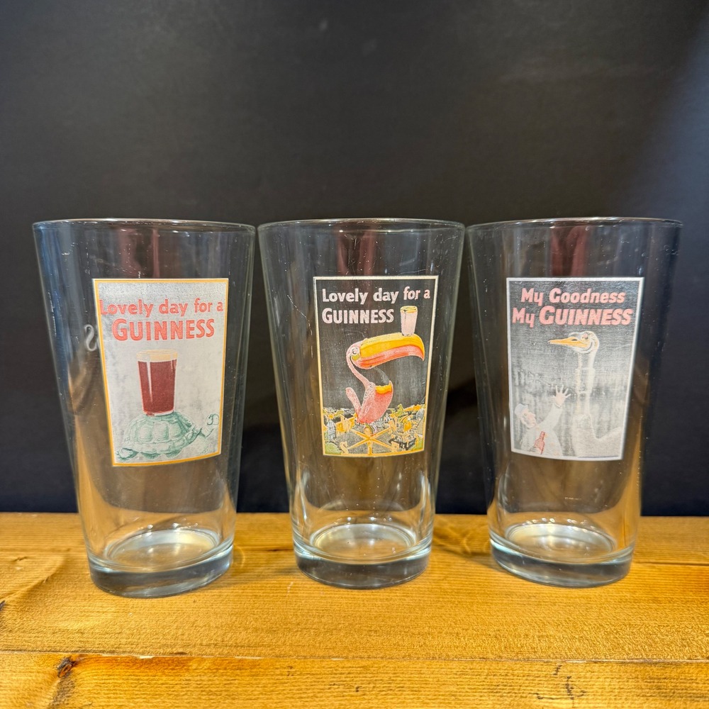Guinness Vintage Advertising Pint Glasses Set of 3 Toucan Ostrich Turtle Faded